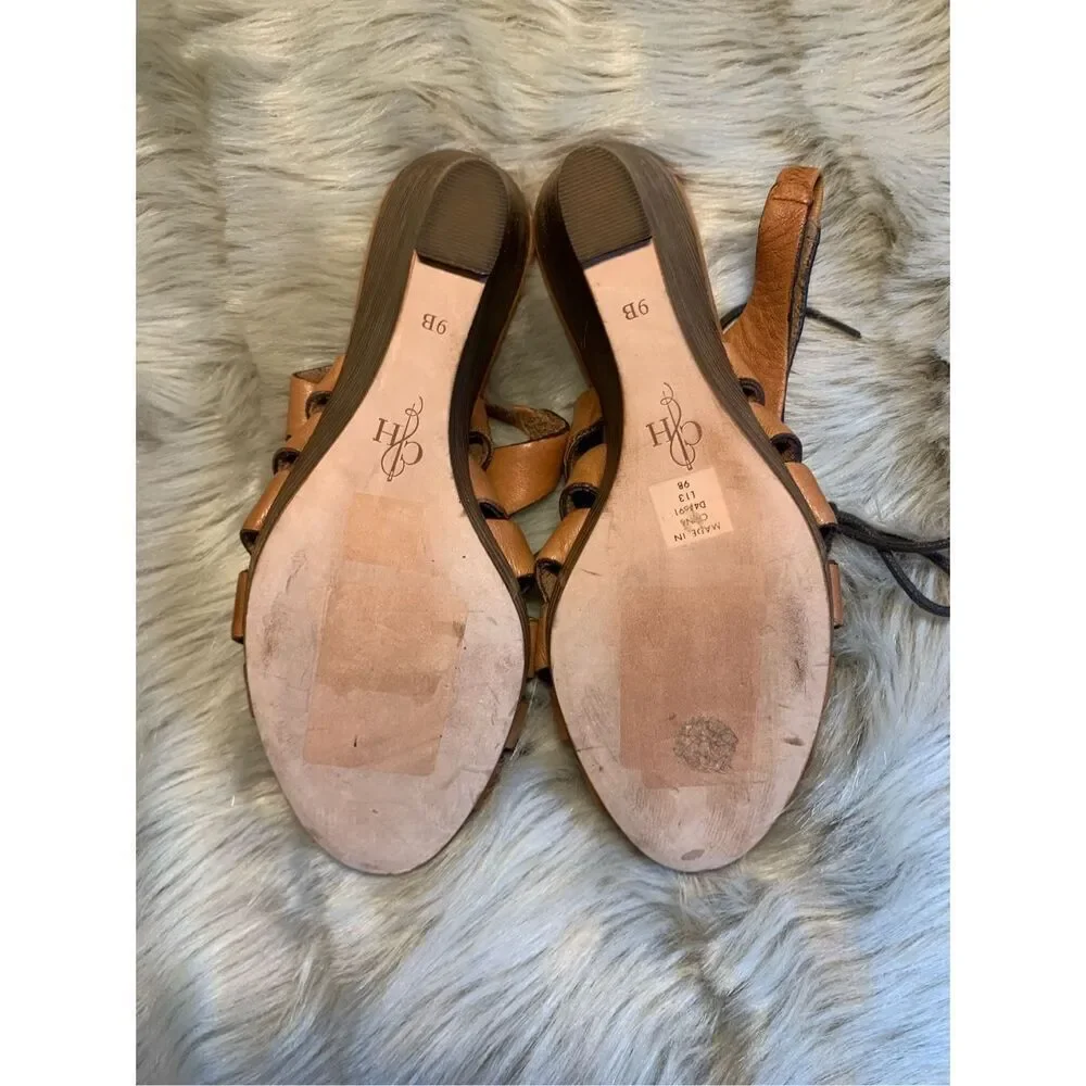 Cole Haan Light Brown Leather lace up wedge sandals Size 9B Womens Shoes Gladiat